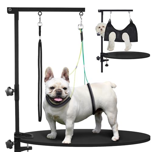 Dog Grooming Table Arm with Hammock, 35" Adjustable Height Grooming Arm with Clamp and No-Sit Haunch Holders, Suitable for Small & Medium Pets (Grooming Table Not Included)