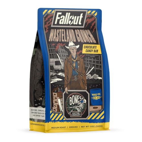 Bones Coffee Company Fallout Wasteland Crunch Flavored Coffee Beans, Medium Roast Ground Coffee Low Acid, Chocolate Candy Bar Flavor (12 oz)