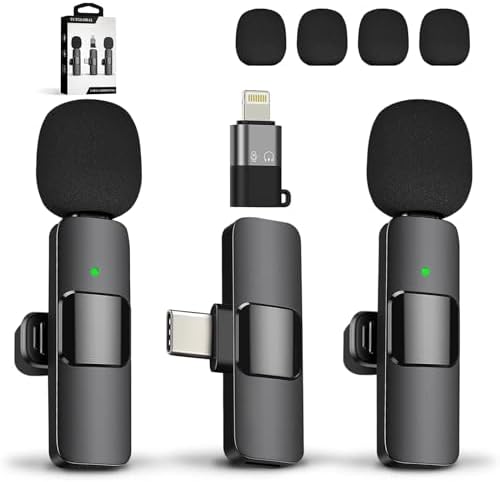New Mini Wireless Microphone for iPhone iPad Android,Lavalier Microphone for Video Recording,2 Pack iPhone Mic Crystal Clear Recording with USB-C for Podcast Microphone,4 Extra Windscreens
