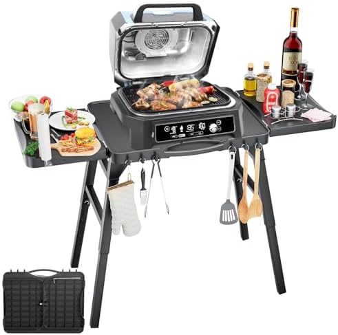 Grill Table Stand for Ninja Woodfire OG701 OG850 OG951 Outdoor Grill, Pizza Oven Table Stand for Onni 12, Foldable Grill Table for Blackstone, Cuisinart, with Air Vent, Adjustable Height
