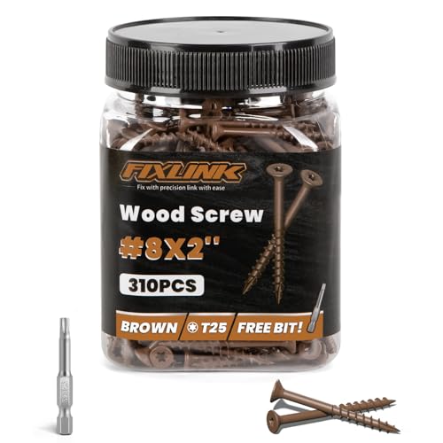 Wood Screws 2 Inch, FIXLINK Deck Screws #8 x 2, 310 PCS, Epoxy Coated, T25 Star Bit Above 1500 Hour Salt Spray Coating Outdoor Decking Screws Excellent Rust Resistant for Wood Fence, Brown