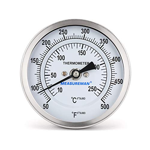 Measureman Fully Stainless Steel Bimetal Dial Thermometer, 3" Dial, 2-1/2" Stem, 50-550 deg F/10-260 deg C, -1% Accuracy, Adjustable, 1/2" NPT Back Mount