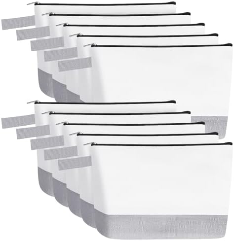 10 Pieces Cotton Canvas Makeup Bag with Bottom and Strap, Multi-Purpose Cosmetic Bag with Zipper Travel Toiletry Pouch, Blank DIY Craft Bag (White&Grey, L)