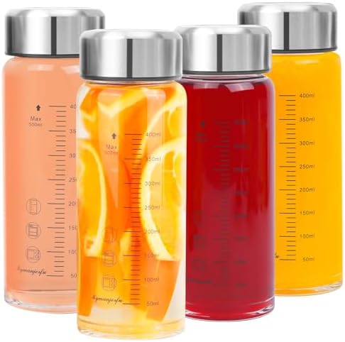 Glass Juice Bottles 4 Pack 16 oz - Wide Mouth Glass Water Bottles with Lids - for Juicing, Smoothies, Milk, Protein, BPA Free, Reusable, Stainless Steel Lids, Leak Proof, Shaker bottle (16oz/500ml)