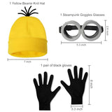 HEYFIZZ 3 Pcs Halloween Costume Accessories Adult,Goggles Glasses/Yellow Beanie/Gloves for Men Women Cosplay Party Set