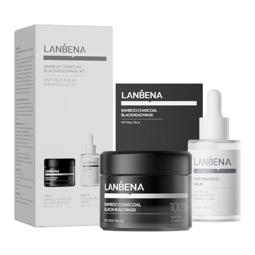 LANBENA 3 in 1 Blackhead Removing Set, Bamboo Charcoal Pore Strips 30g+Pore Serum 30ml, Black Head Remover Mask for Face, Pore Minimizer & Reducer for Face, Leaving Your Skin Fresh and Clean