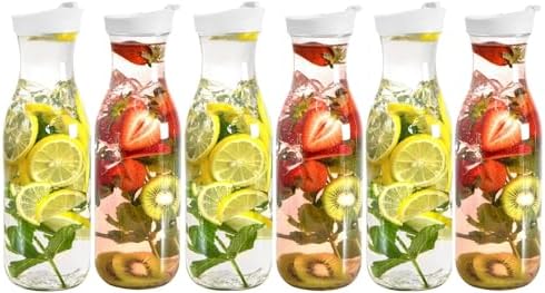DilaBee Plastic Water Pitcher With Lid Round Carafe Pitchers for drinks, Milk, Smoothie, Iced Tea, Mimosa Bar - BPA-Free - Not Dishwasher Safe (6-Pack, 50 Ounce)