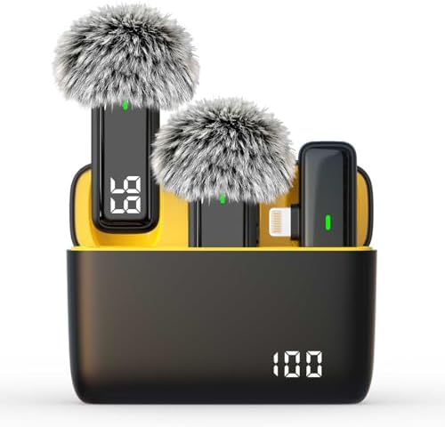 2 Pack Wireless Lavalier Lapel Microphone for iPhone 14/13/12/11 - Noise Canceling Lav Mic Clip On Microphones for iPad Video Recording Vlogging - 24H Charging Case 70FT, for iPhone14 and Below