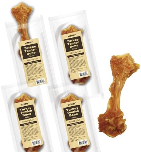 Turkey Tendon for Dogs – 100% Natural, USA-Sourced, High-Protein, Low-Fat, Long-Lasting Dog Chew, Rawhide Alternative, Hypoallergenic Puppy & Dog Treats, Bone (Pack of 4)