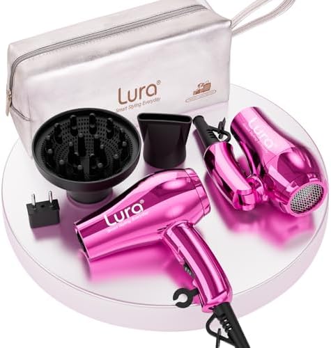 LURA Mini Portable Travel Hair Dryer:Dual Voltage Small Lightweight Blow Dryer with EU Plug,1200W Compact Hairdryer with Folding Handle,with Concentrator&Diffuser Attachment,for Women and Men(Purple)