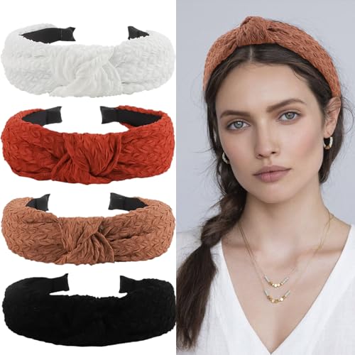 YISSION 4PCS Knotted Headbands for Women Girls Non Slip Wide Headband Fashion Head Bands Top Knot Headband for Women Black White Red Brown Headband Neutral Hairband Hair Accessories for Women
