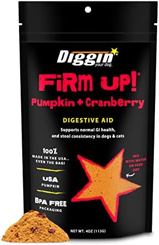 Diggin’ Your Dog Firm Up Pumpkin for Dogs & Cats with Cranberry, 100% Made in USA, Pumpkin Powder for Dogs, Digestive Support, Apple Pectin, Fiber, Healthy Stool, 4 oz
