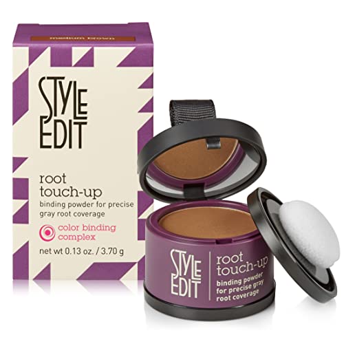 Root Touch Up Powder by Style Edit | Medium Brown Hair Color Coverage for Grays and Roots | Mineral-Infused Binding Hairline Concealer | 0.13 oz. Tub
