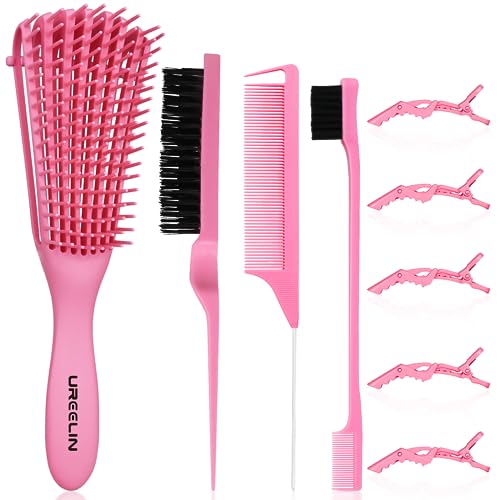 Detangling Brush set,Detangler Hair Brush with Teasing & Edge Brush for Curly Hiar, Rat Tail Comb Alligator Hair Clips for 3a to 4c Kinky Wavy/Curly/Coily/Wet/Dry/Oil/Thick/Long Hair(Pink)