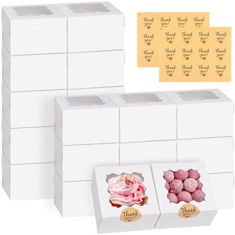 WINKIO 48pcs Cookie Boxes, 4x4x2.5 Inches Bakery Boxes with Window, Mini Cake Boxes, Treat Boxes, Dessert Boxes, Pastry Boxes for Donuts Macaroon Chocolate Candy (with Stickers)