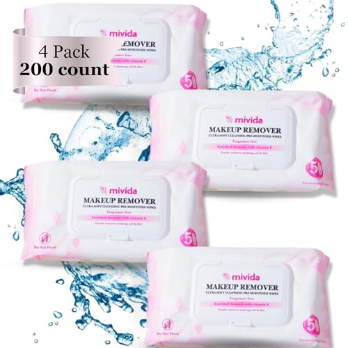 mivida Hypoallergenic Makeup Remover Wipes with Vitamin E | 4x50 count Total 200 bulk make up removing Wipes | Fragrance Free makeup wipes