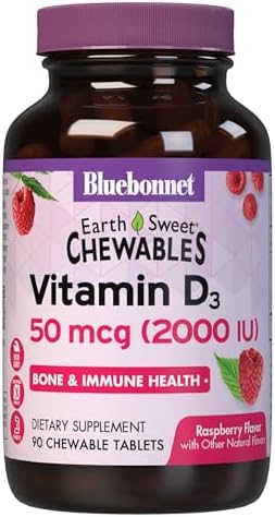 Bluebonnet Nutrition Earth Sweet Vitamin D3 2000 IU Chewable Tablets, Aids in Muscle and Skeletal Growth, D3, Non GMO, Gluten, Free, Soy Free, Milk Free, Kosher, 90 Chewable Tablets, Raspberry Flavor