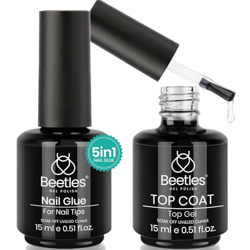 beetles Gel Polish 5 in 1 Nail Glue and No Wipe Top Coat Kit 2PCS 15ML for Gel Nails Easy Nail Extension Gel, Soak Off LED Gel Shine Finish and Long Lasting
