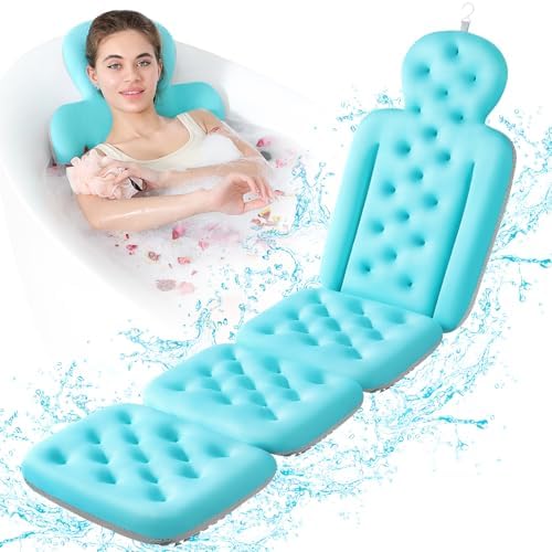 Luxury Bath Cushion, Full Body Bathtub Pillow with 230 Suction Cups, Bath Mat for Head and Neck Support, with Laundry Bag (Blue, 60.2" x 16.2")