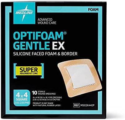 Medline Optifoam Gentle EX Bordered Foam Adhesive Dressing, 4" x 4" Square (10 Count)
