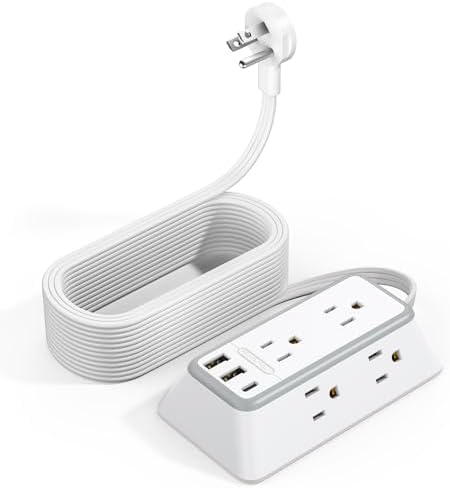 NTONPOWER 25ft Power Strip Flat Plug, Surge Protector Extension Cord with USB-C, Flat Surge Protector Power Strip, Mountable Surge Protector 3-Side for Home Office Accessories, White
