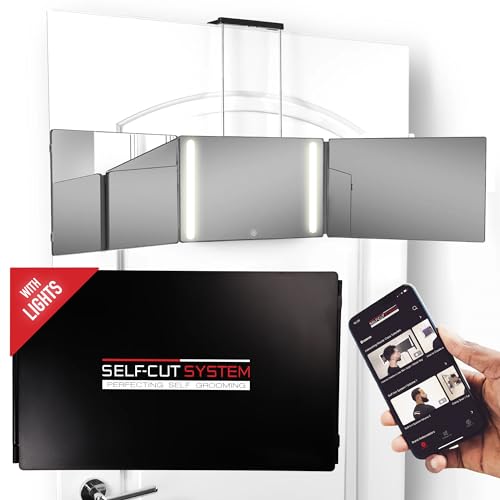 Self-Cut System - 3 Way Mirror with Lights - Three Way Mirror for Self Hair Cutting - Over The Door Mirror - Trifold Mirror - 360 Mirror - Barber Mirror - Self Haircut Mirror (Travel 3.0 LED)