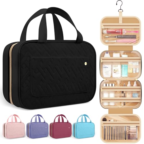 HOTOR Travel Toiletry Bag for Women with Hanging Hook - Portable Cosmetic Case, Toiletry Bag for Traveling Women, Waterproof Travel Essentials, Large, Black