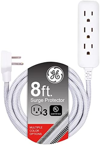 GE 3-Outlet Power Strip Surge Protector 8 Ft Braided Long Cord Extension Cord Surge Protector Power Strip Flat Plug Extension Cord 250 Joules ETL Listed White 38433