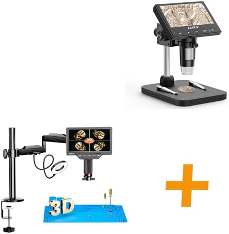 Elikliv 3D Digital Soldering Microscope with Dual Lens, EM3K-3D Max 3K HDMI Flex Arm Microscope for Adults, 10.1" Coin Microscope with Ring Light+EDM4B