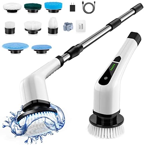 Electric Spin Scrubber, Cordless Cleaning Brush Scrubber for Home, 400RPM/Mins-8 Replaceable Brush Heads-90Mins Work Time, 3 Adjustable Size, 2 Speeds for Bathroom Shower Bathtub Glass Car