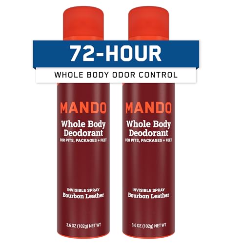 Mando Whole Body Deodorant For Men - Invisible Spray Deodorant - 72 Hour Odor Control - Low Irritation Formula - Aluminum Free, Benzene Free - 3.6 ounce Cans (Pack of 2) - Bourbon Leather