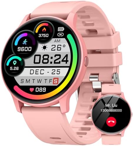 Smart Watch, 1.3" Smart Watches for Women, Call & Message Reminder, Step Counter Watch with 24 Sports Mode, Heart Rate/Blood Pressure/Sleep Tracker, IP68 Fitness Watch for Android iPhone, Pink