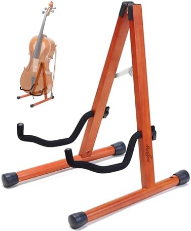 Cello Stand, A Frame Cello Stand with Bow Holder for Cello Display, Handcrafted Wooden Cello Stand with Padded Foam, Mahogany Floor Cello Stand for 1/2, 3/4, 7/8, 4/4 Full-Size Cello, Guitar
