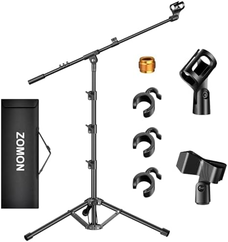 Microphone Stand, Tripod Boom Arm Floor Mic Stand Height Adjustable Heavy Duty with Carrying Bag 2 Mic Clips 3/8" to 5/8" Adapter for Singing Podcast for Blue Yeti Shure SM58 SM48 Samson Q2U