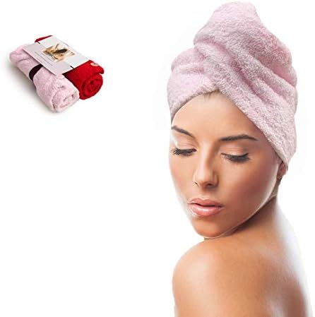 KEEPOZ Hair Towel Wrap Quick Dry 100% Cotton Super Absorbent Turban Head Wrap for Women with Button, Non Microfiber Anti Frizz Hair Cap for Curly, Long & Thick Hair (Pink+Red, 2 Pcs)