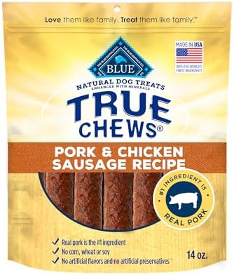 Blue Buffalo True Chews Dog Treats, Made in the USA with Natural Ingredients, Pork and Chicken Sausage Recipe, 14-oz Bag