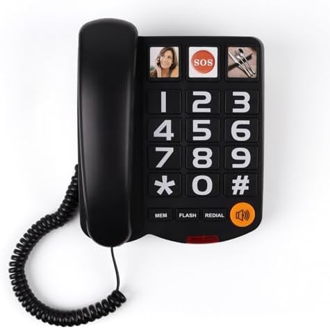 Big Button Phone for Seniors, Landline Telephone for Home with Picture, Durable Hand-Free Phone with LED Call Alert, Adjustable Volume and 3 One-Touch Dialing for Elderly, Black