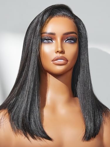 LUVME HAIR Bob Wig 100% Human Hair Wigs Glueless Lace Front 14 Inches Bob, Pre Cut Plucked Hd Lace Short Wig Ready To Go Natural Color Straight Bleached Knots Side Part Black Wigs