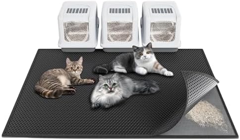 Large Cat Litter Mat: 47"x 36" Easy-clean Honeycomb Double-layer Scatter Control Carpet, Urine & Waterproof Kitty Cat Litter Box Trapping Mat(Black)