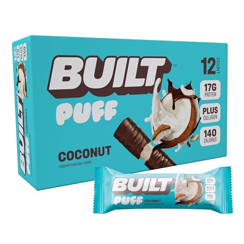 BUILT Puff Protein Bars, Coconut Puff, High Protein Bars, 17g High Protein Snacks, On-The-Go Bars, only 140 Calories, 6g Sugar, Collagen, Gluten Free, 12 Count