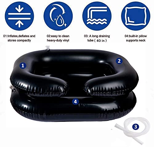 Inflatable Shampoo Basin for Bedside, Shampoo Tub for Locs, Portable Shampoo Bowl for Elderly, Disabled, Pregnant, Injured, Bedridden, Handicapped, Hair Washing Tray for Sink at Home (B-Black)