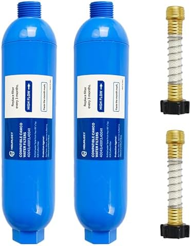 Hourleey 2 Pack RV Inline Water Filter with 2 Flexible Hose Protector, Reduce Bad Taste, Odors, Rust, Fluoride, Chlorine and Sediment in Drinking Water, Dedicated for RVs Campers Marines