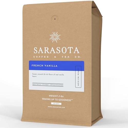 Sarasota Coffee Whole Bean French Vanilla | Medium Roast Gourmet Flavored Coffee Beans | Low Acid, Mold Free, Specialty Grade Bulk Coffee Beans | 5lb (80 oz)