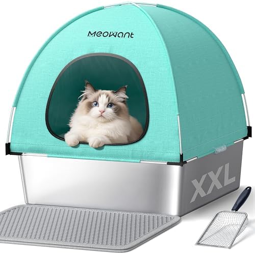 Meowant Stainless Steel Cat Litter Box with Lid, Extra Large Square 3-in-1 Enclosed Metal Litter Box with High-Sided Oxford Fabric Cover, Metal Scoop, Odorless, Non-Sticky,Leak-Resistant,Easy to Clean