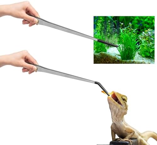 Lasnten 2 Pcs Extra Long Stainless Steel Reptile Feeding Tongs with Rubber Tip Bearded Dragon Aquarium Straight and Curved Long Tweezer Terrarium Feeder Tool for Tank(Silver, 18.5 Inch, 18.9 Inch)