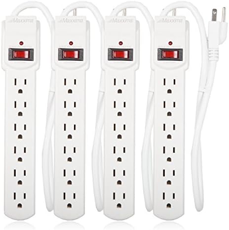 Maxxima 6 Outlet Power Strip Surge Protector - 300 Joules, Features Red On/Off Switch, 4 Pack, Powers Multiple Electronics and Devices Simultaneously, Perfect for Home Appliances - White