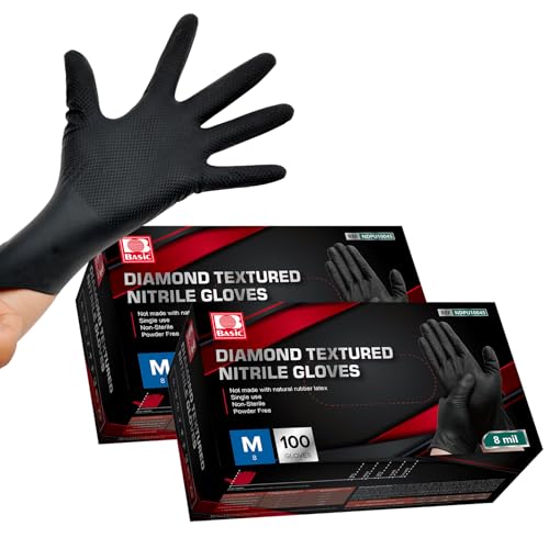 Jointown Basic Heavy Duty Nitrile Gloves, 8 Mil Black Mechanic Disposable Gloves Medium with Raised Diamond Texture, Latex Free, Powder Free Industrial Automotive Work Gloves Box of 200