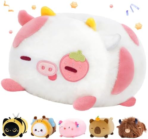 Strawberry Cow Plush Pillow, Kawaii Cow Stuffed Animals, Cute Plushies for Girls, Soft Pink Cow Plush, Birthday Gifts for Kids Adults Teens (8 Inch)