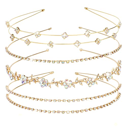 Jaciya Gold Bridal Headband 4 Pieces Rhinestone Headbands AB Crystal Flower Girl Leaves Crown Head Band Tiara Wedding Hair Accessories