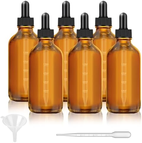 6 Pack, 4 oz Dark Amber Dropper Bottles with Measured Dropper, Glass Eye Dropper Bottle for Essential Oils with Funnel, Labels & Pipette, Droppers for Oils (Unbreakable Plastic Eye Dropper)